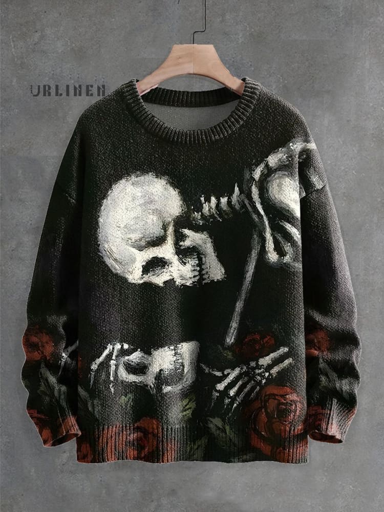 Fun Skull Rose Art Halloween Print Knit Pullover Sweater