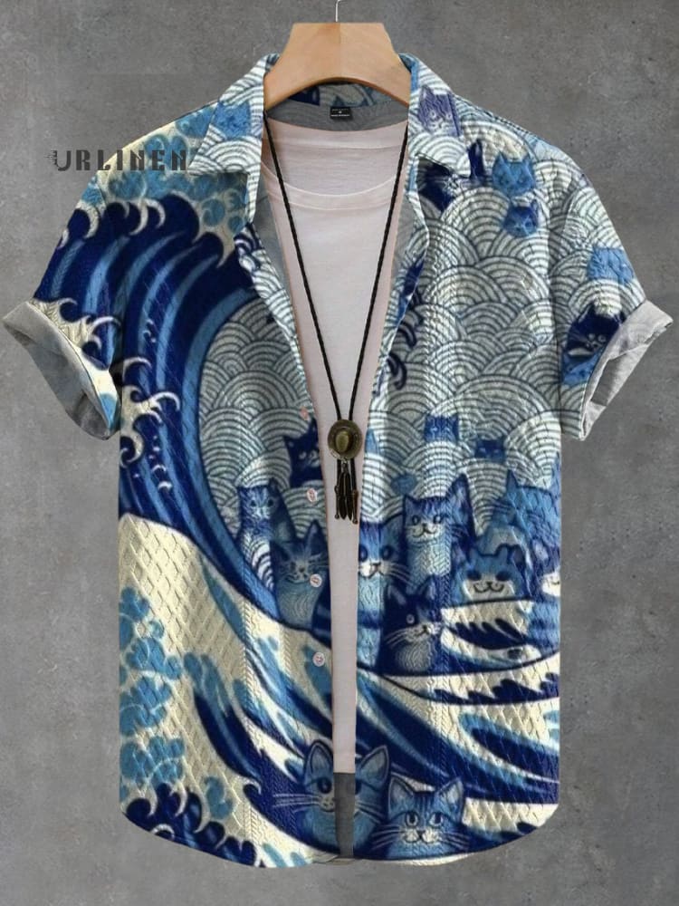 CATch The Blue Wave&cats 2024 Vintage Print Casual Jacquard Shirt