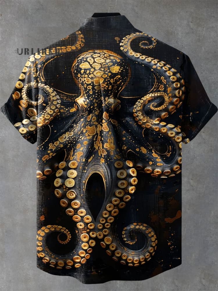 Vintage Fish Octopus Art Print Casual 100% Cotton Shirt