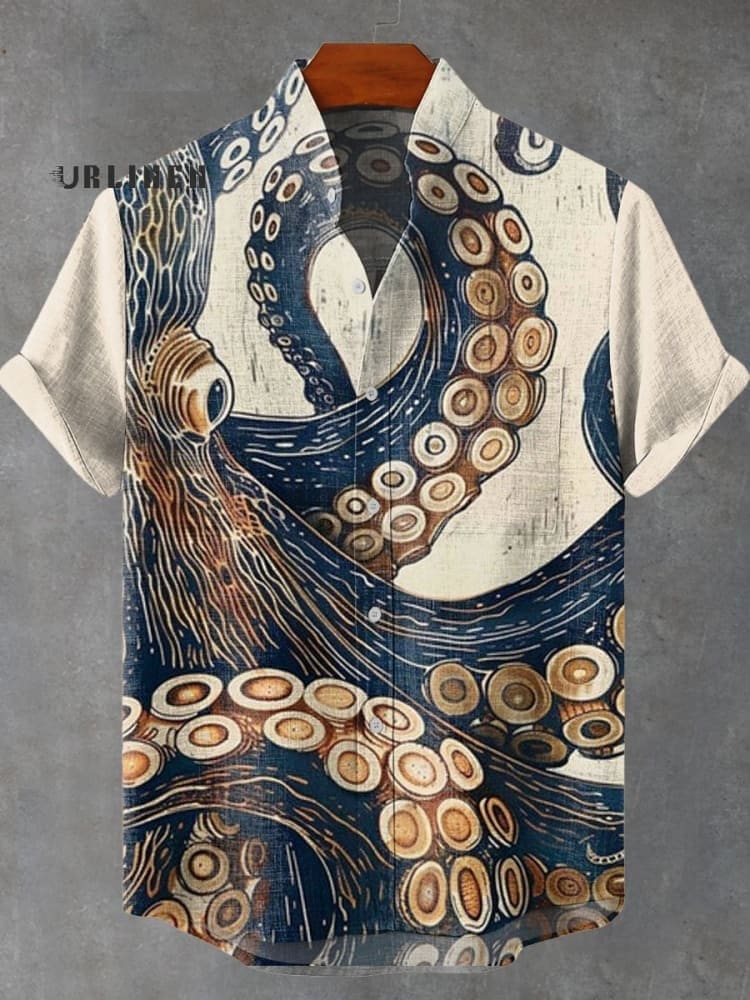 Vintage Fish Octopus Art Print Casual 100% Cotton Shirt