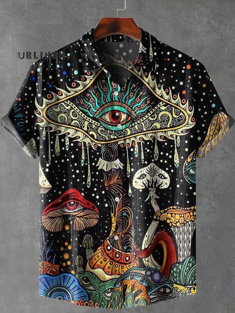 Vintage Psychedelic Eyes Mushroom Art Print Casual 100% Cotton Shirt