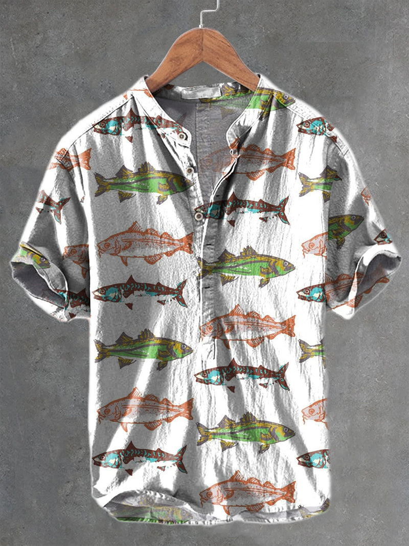 Sardines Fish Art Vintage Print Casual Cotton And Linen Polo