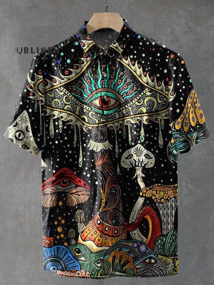 Vintage Psychedelic Eyes Mushroom Art Print Casual 100% Cotton Shirt