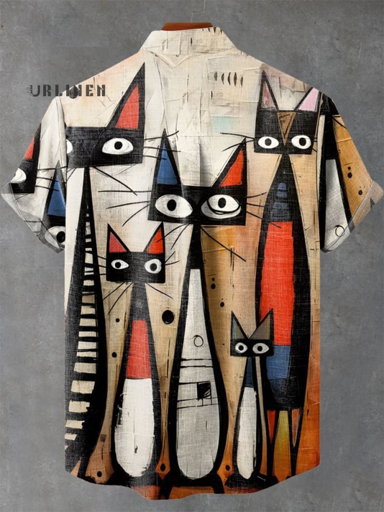 Vintage Cat Art Print Casual 100% Cotton Shirt