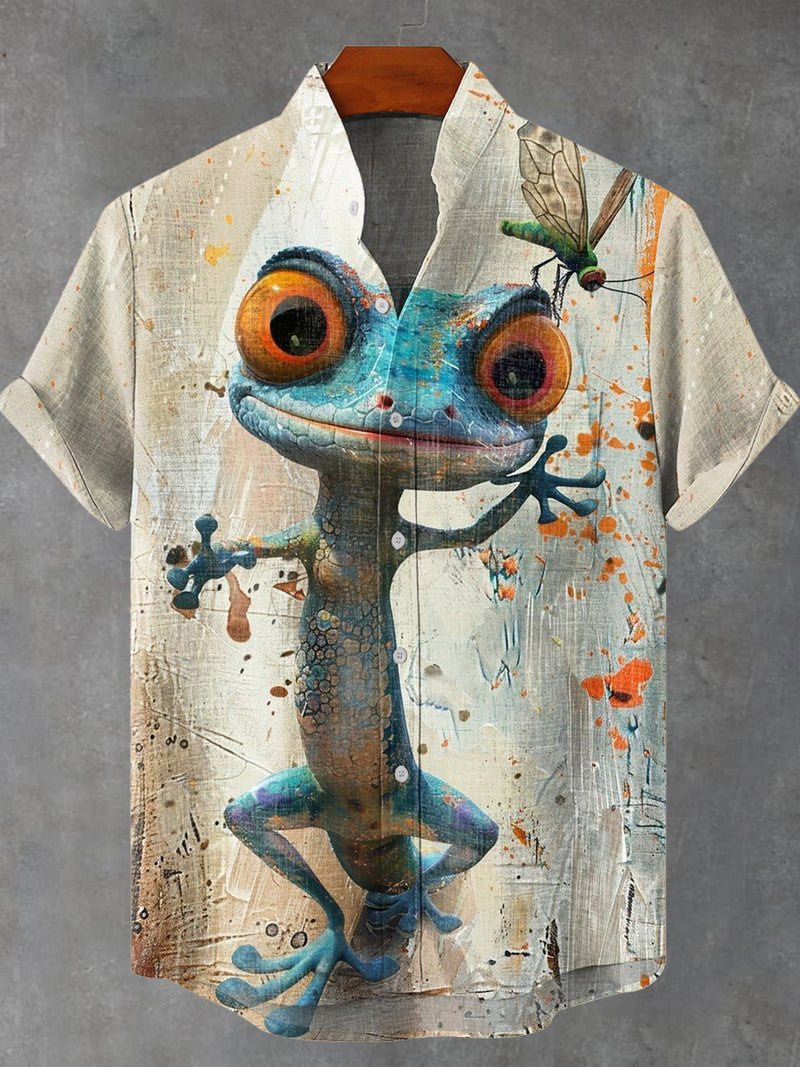 Fun Blue Lizard Vintage Print Casual 100% Cotton Shirt