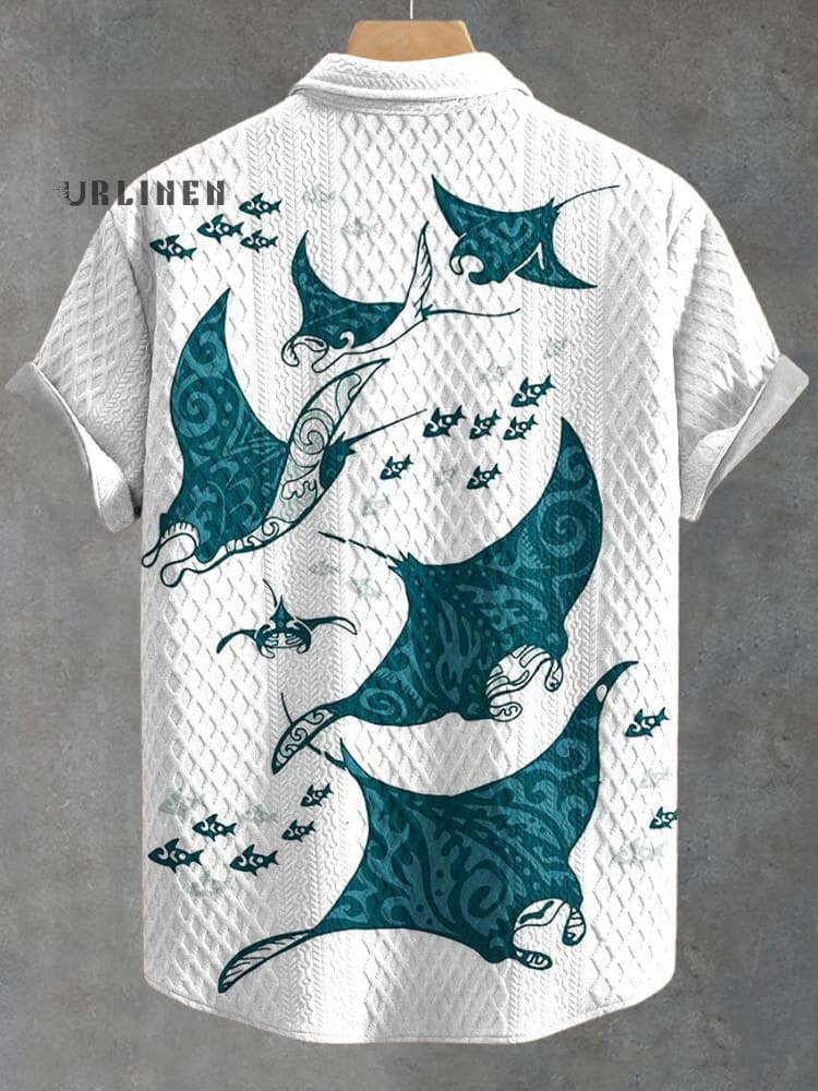 Vintage Fish Manta Rays Print Casual Jacquard Shirt