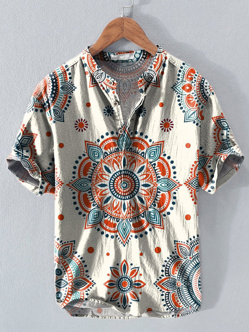 Bohemia Ethnic Pattern Art Vintage Print Casual Cotton And Linen Polo