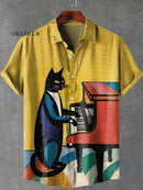 Vintage Mondrian Art Cat Playing Piano Print Casual 100% Cotton Shirt