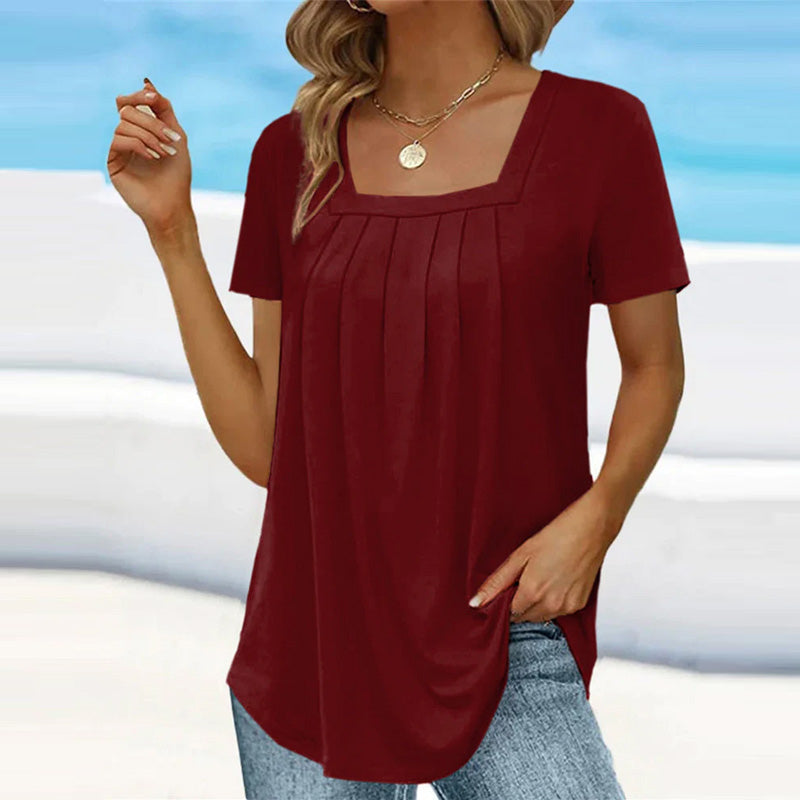 🔥Hot Sale - 49% OFF🔥Square Neck Solid Color Short Sleeve T-Shirt - Chic & Elegant Style✈️Free Shipping