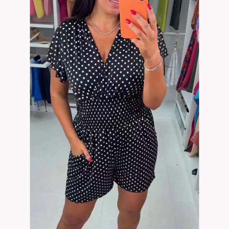 🔥BUY 2 GET 10% OFF💝Polka Dot V-Neck One-piece Shorts Jumpsuit