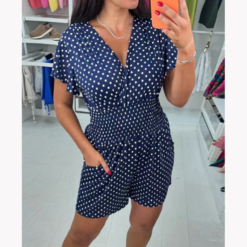 🔥BUY 2 GET 10% OFF💝Polka Dot V-Neck One-piece Shorts Jumpsuit