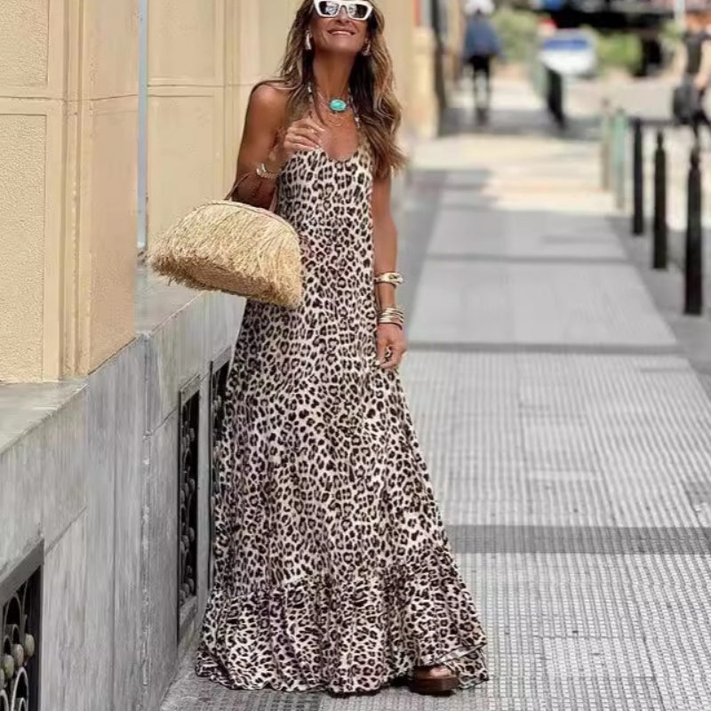 Women’s Sexy Leopard Print Backless Halter Long Dress