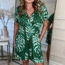 👗Summer Hot Sale👗Women's Casual V-Neck Leaf Print Romper with Pockets