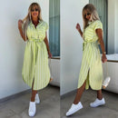 Women's Casual Striped Tie Waist Shirt Dress with Pocket