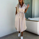 Women's Casual Striped Tie Waist Shirt Dress with Pocket