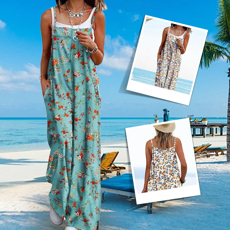 Women's Summer Bohemian Wide Leg Jumpsuit with Pockets