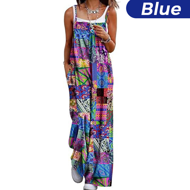 Women's Summer Bohemian Wide Leg Jumpsuit with Pockets