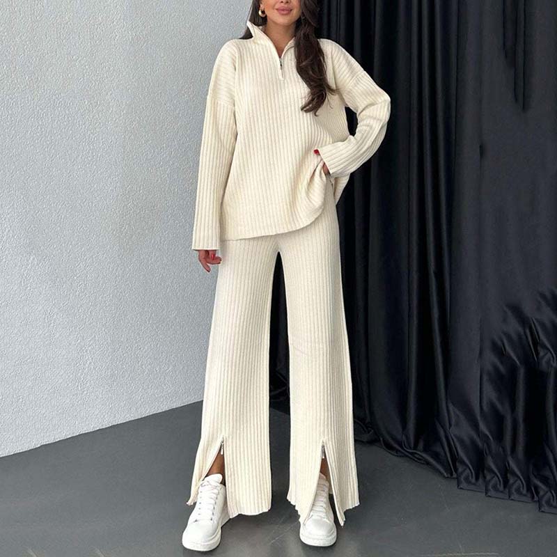 Women's Cozy Ribbed Knit Two-Piece Set with Slit-Leg Pants