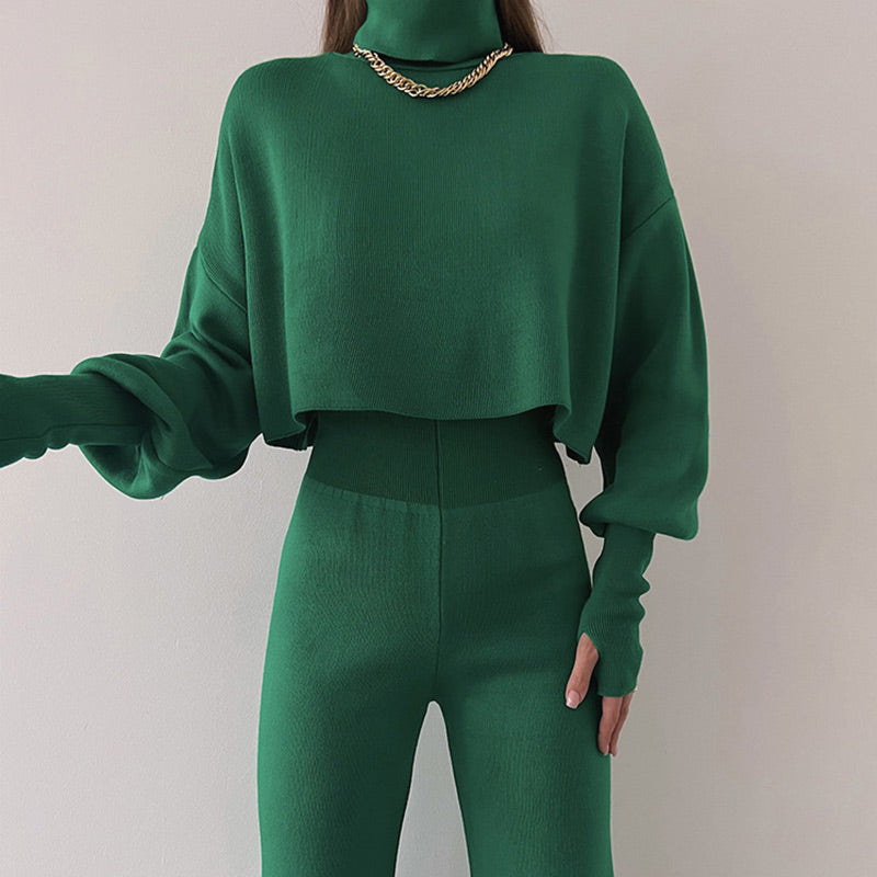 Women's Long-sleeve High Neck Crop Top and Pants Set