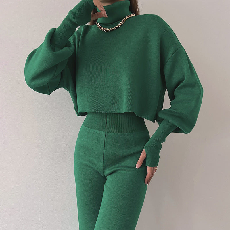 Women's Long-sleeve High Neck Crop Top and Pants Set